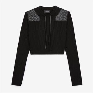 The Kooples Black Knit Quilted LeatherShoulder Patch Cropped Sweater sz 3/Large
